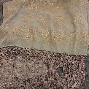 A Brod Chic Gold Paisley Print and Purple Women's Scarf with Perfect Fringe